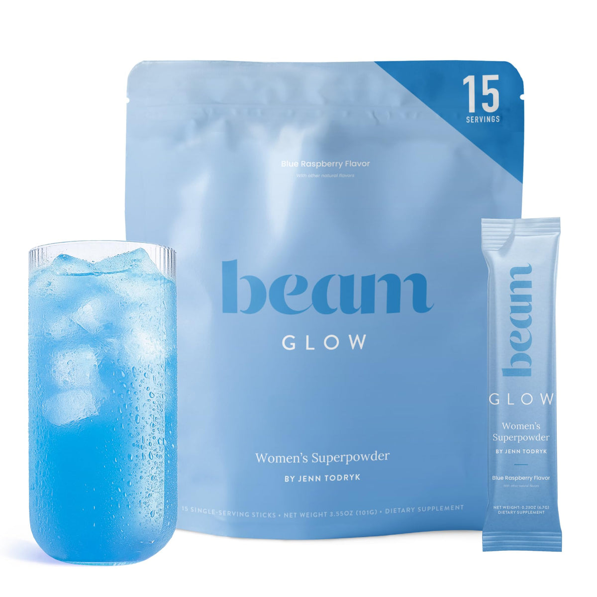 BEAM Glow complément alimentaire femme 15 portions framboise bleue vue de face