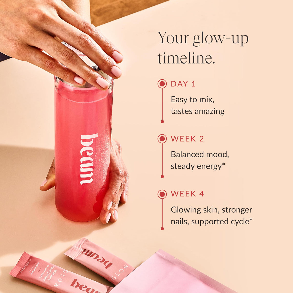 BEAM Glow complément alimentaire femme 30 servings à côté d'un verre d'eau