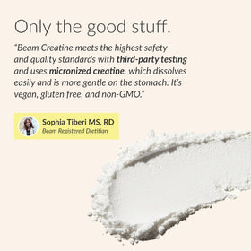 BEAM Poudre de Créatine Monohydrate 572g sur une table avec d'autres suppléments