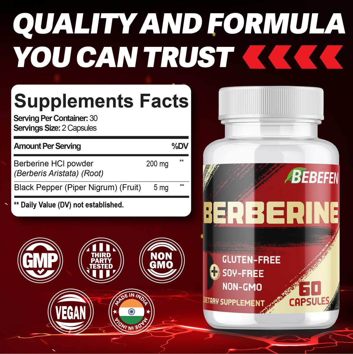 BEBEFEN Berberine HCL 60 Capsules Végétales avec étiquette