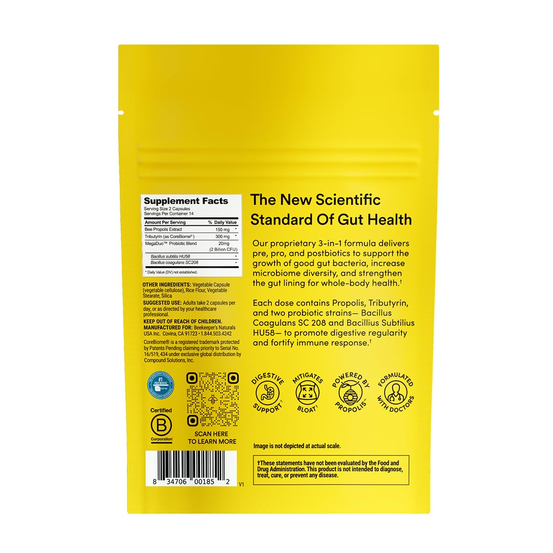 Beekeeper's Naturals Compléments Alimentaires 3-en-1 capsules ouvertes sur une surface