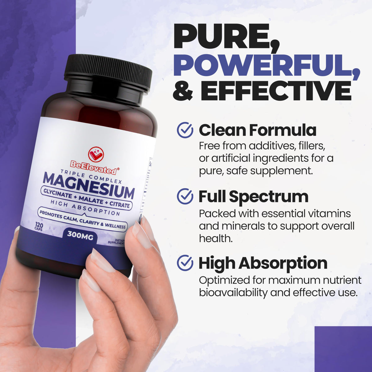 BeElevated complexe de magnésium triplet 120 capsules avec des ingrédients