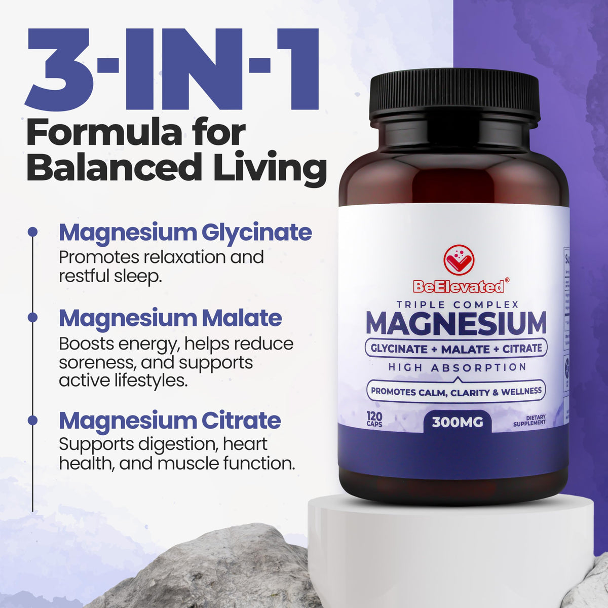 BeElevated complexe de magnésium triplet 120 capsules sur une table