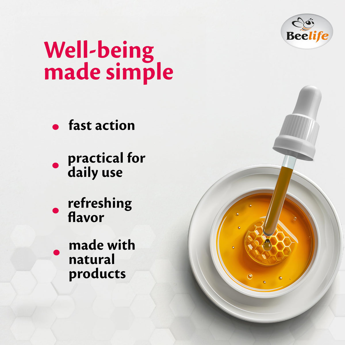 Beelife Extrait de Propolis Verte 30ml sur une table en bois