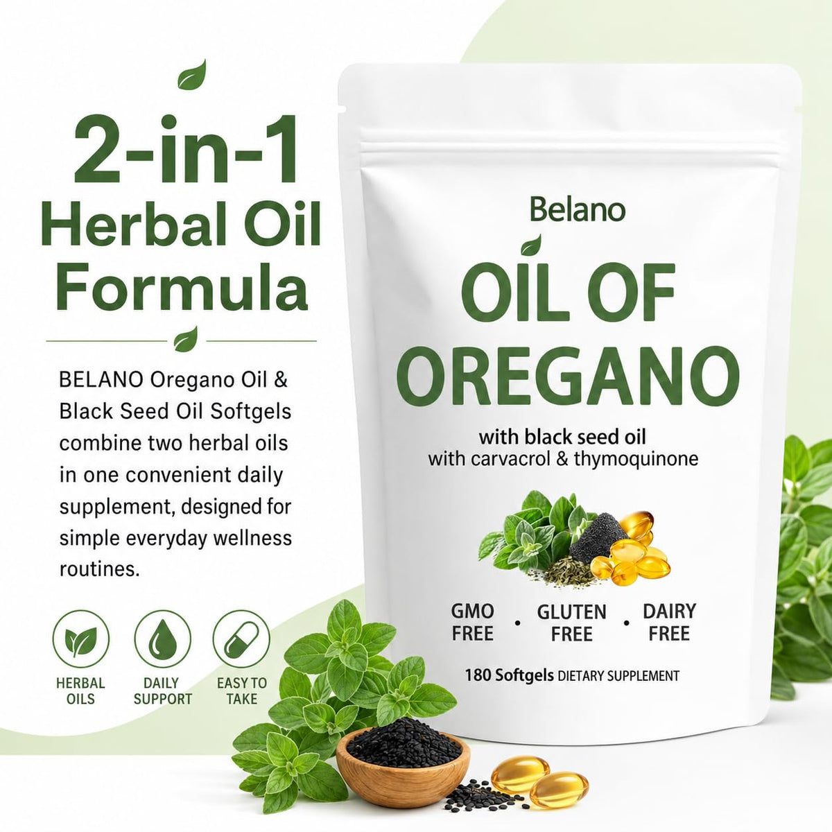 Belano Huile d'Origan et Huile de Nigelle gélules sur une table