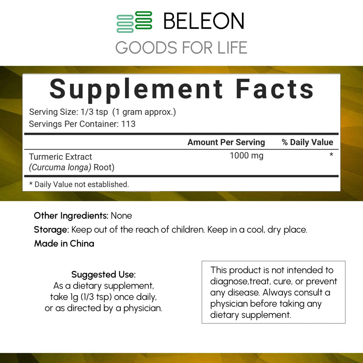 Beleon Goods Extrait de Curcuma Curcumin 10% 118g packaging