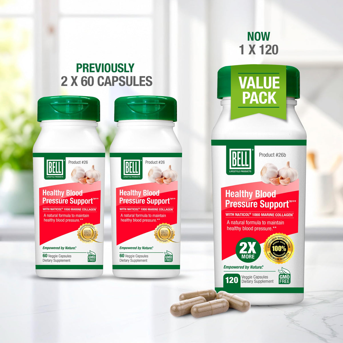 Bell Soutien Pression Sanguine - capsules à côté d'un verre d'eau