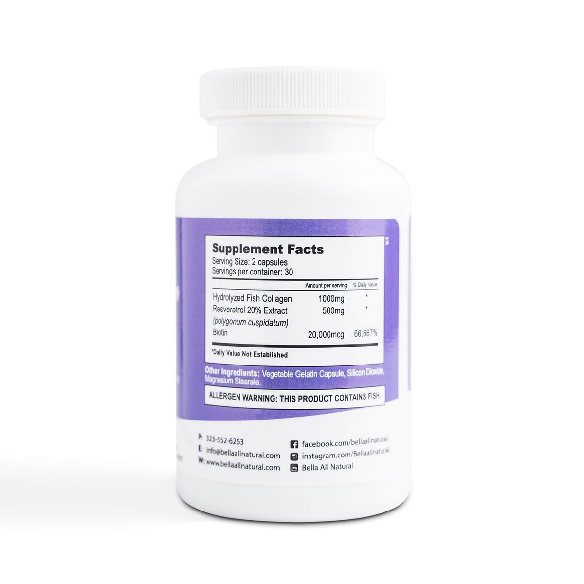 Bella All Natural Collagen 60 capsules vue arrière avec ingrédients