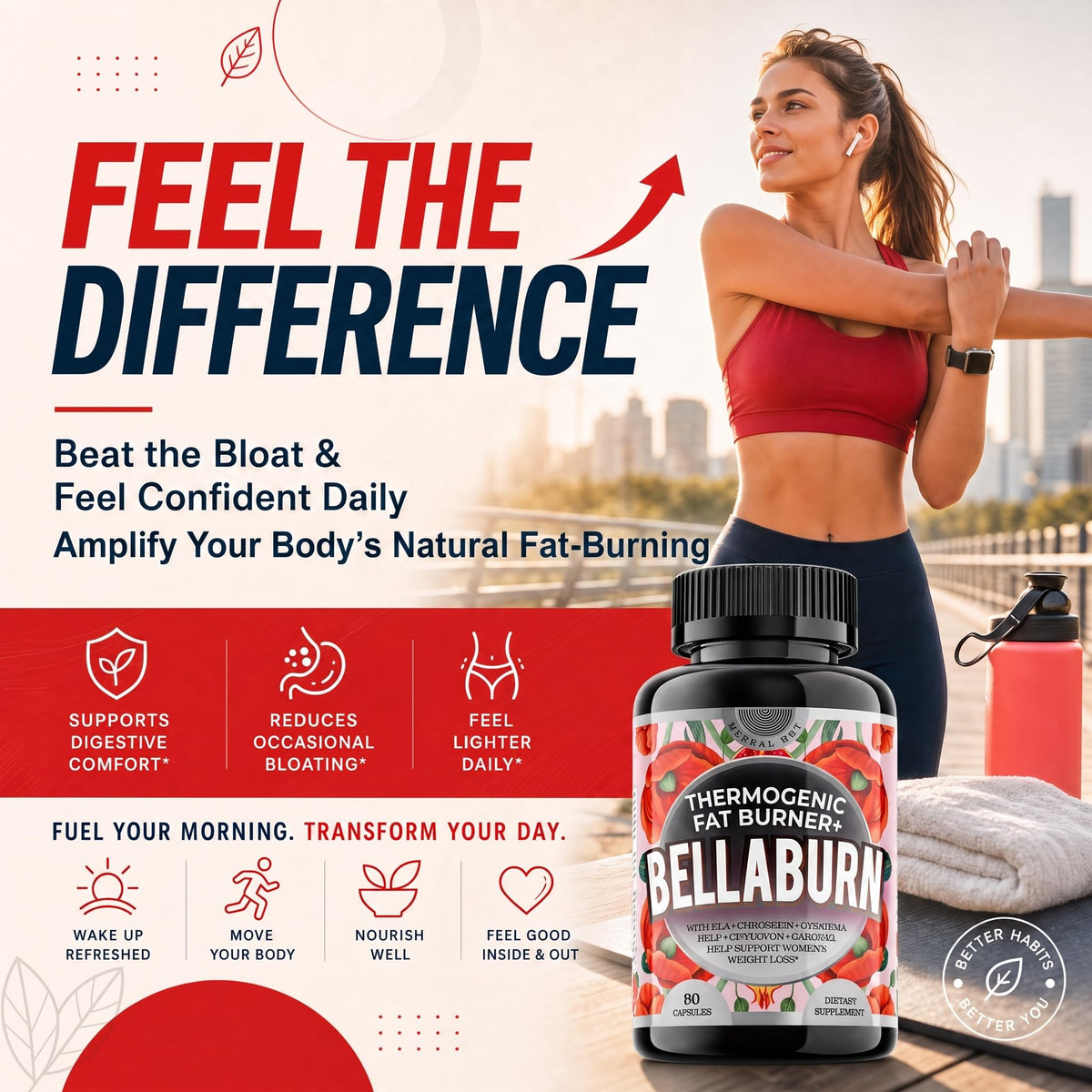 Bellaburn 90 capsules, mise en scène avec des ingrédients naturels