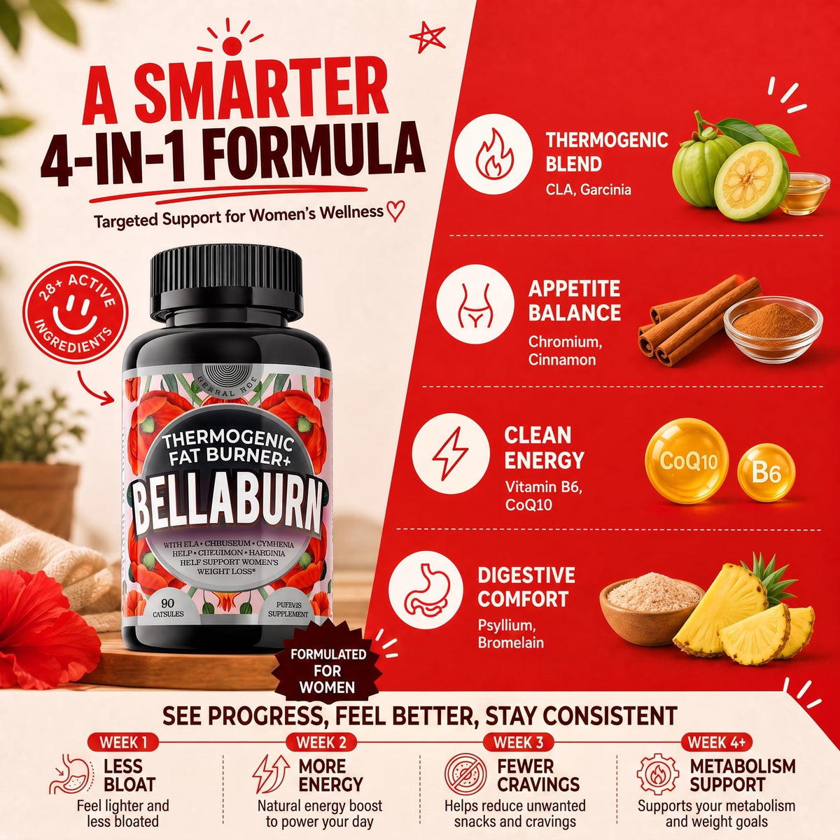 Bellaburn 90 capsules, vue des capsules à côté du flacon