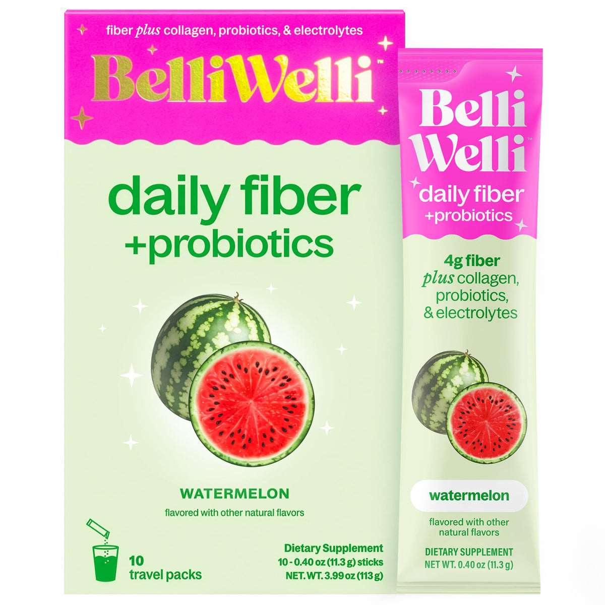 Belli Welli Complément Alimentaire Fibres Sachets Saveur Pastèque - Vue de l'emballage