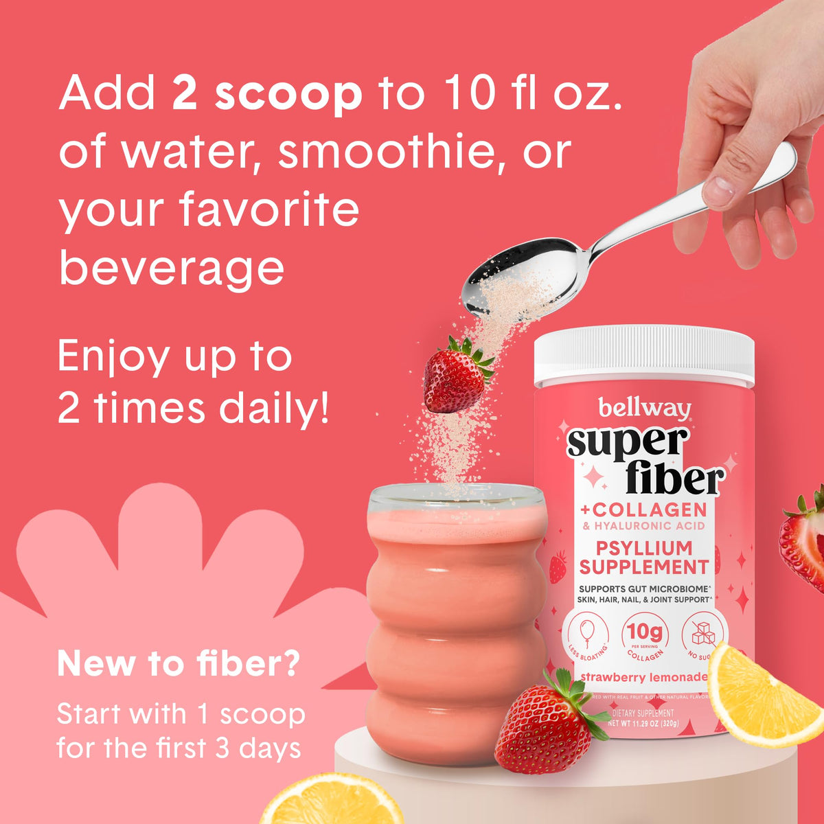 Bellway Super Fiber Powder + Collagen 422g lifestyle shot with fruits