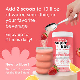 Bellway Super Fiber Powder + Collagen 422g lifestyle shot with fruits