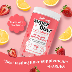 Bellway Super Fiber Powder + Collagen 422g powder in a glass with water