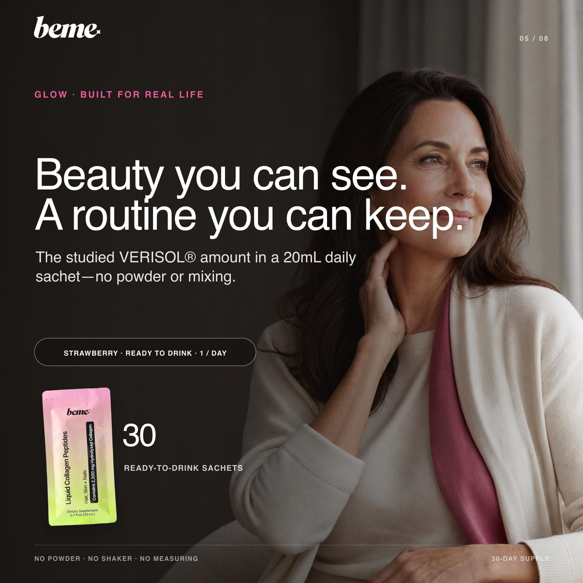 BeMe Glow Collagène Liquide VERISOL 2500mg à côté d'un verre