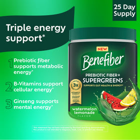Benefiber Prébiotique Supergreens 250g avec des ingrédients naturels sur une table