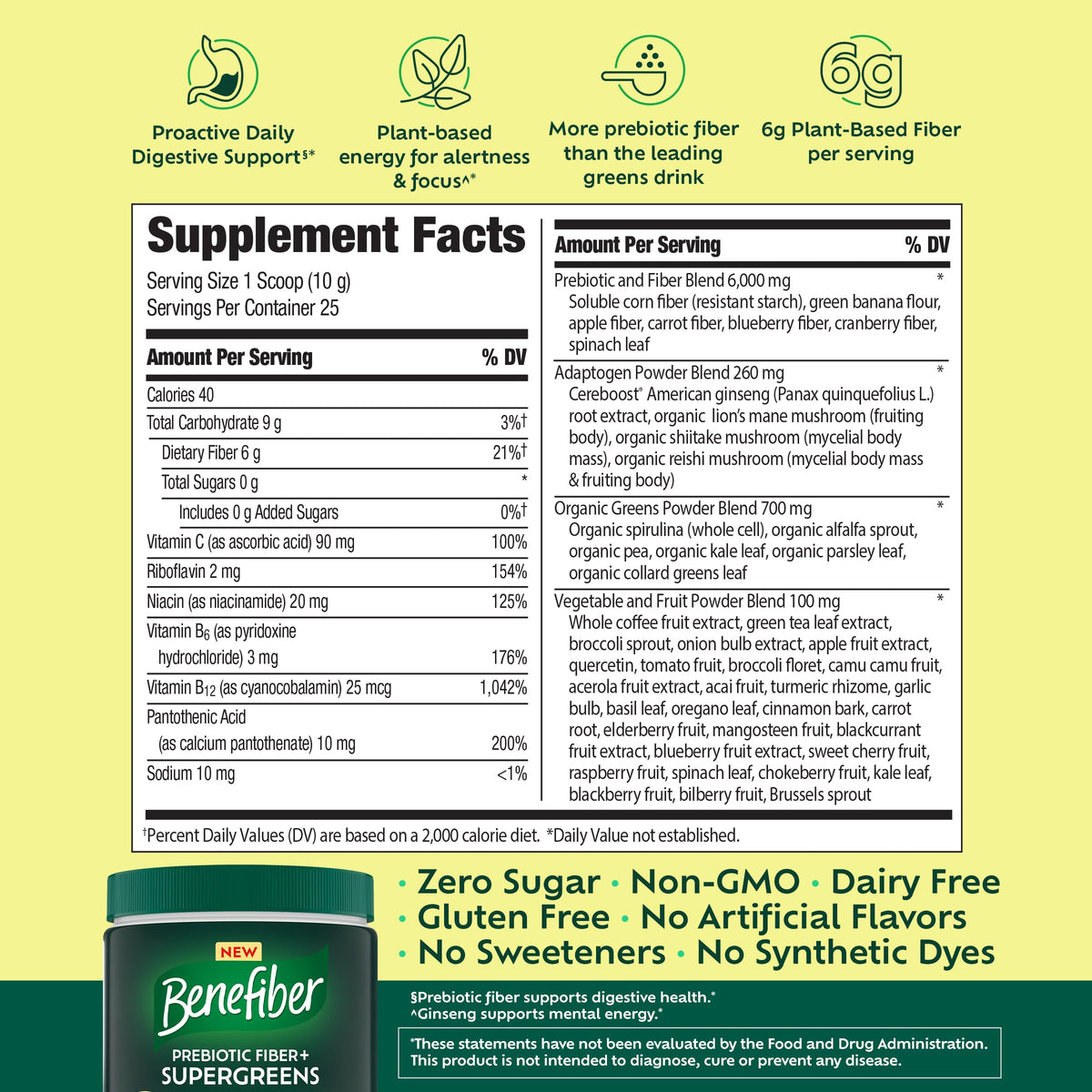 Benefiber Prébiotique Supergreens 250g en gros plan sur le contenu de la mesure