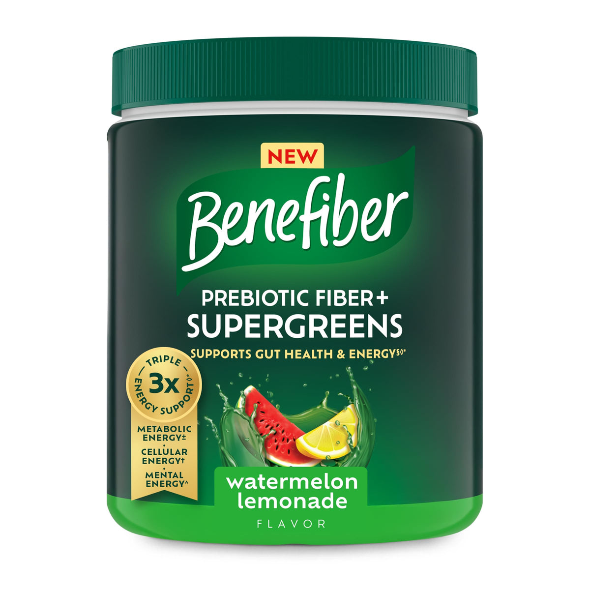 Benefiber Prébiotique Supergreens 250g tub de complément alimentaire saveur pastèque citronnade