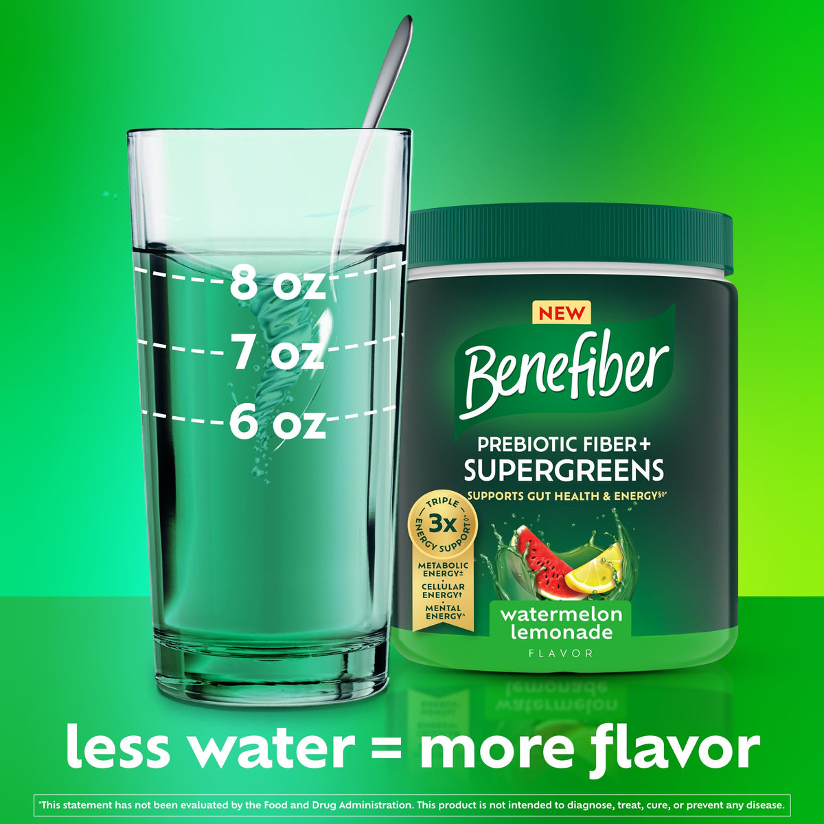 Benefiber Prébiotique Supergreens 250g tub ouvert avec mesure à côté