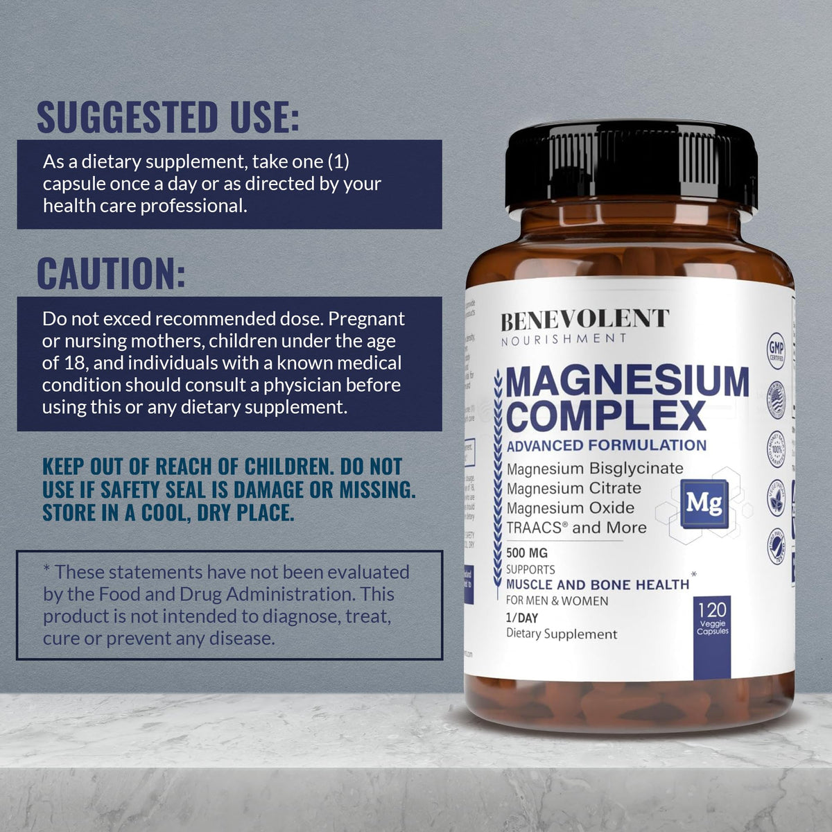 Benevolent Nourishment Complexe Magnésium 500mg 120 Capsules sur fond blanc