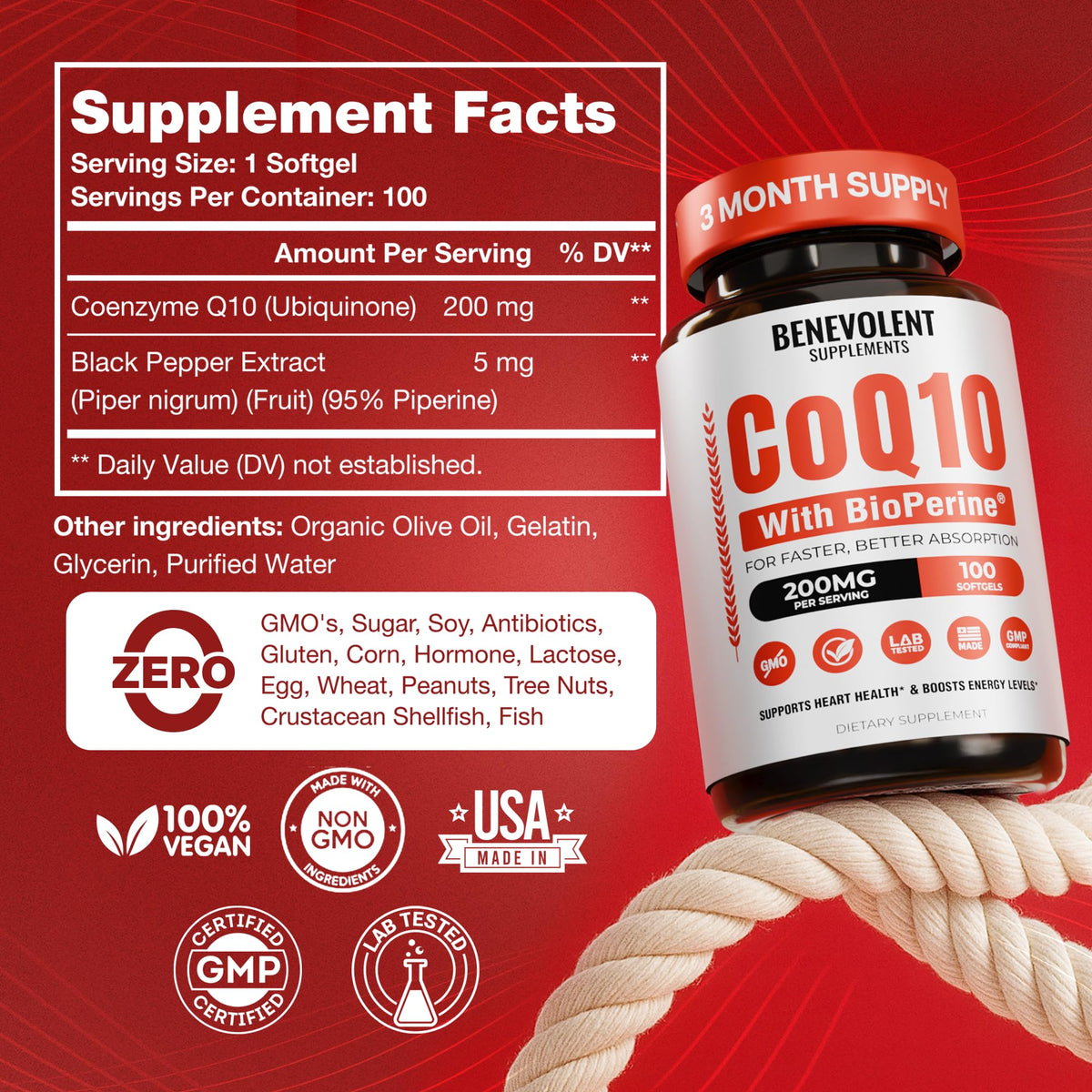 Benevolent Nourishment CoQ10 200mg gélules avec un verre d'eau