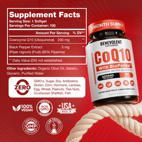 Benevolent Nourishment CoQ10 200mg gélules avec un verre d'eau