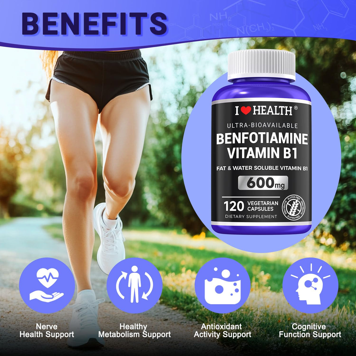 Benfotiamine 600mg I LOVE HEALTH capsules on a wooden table