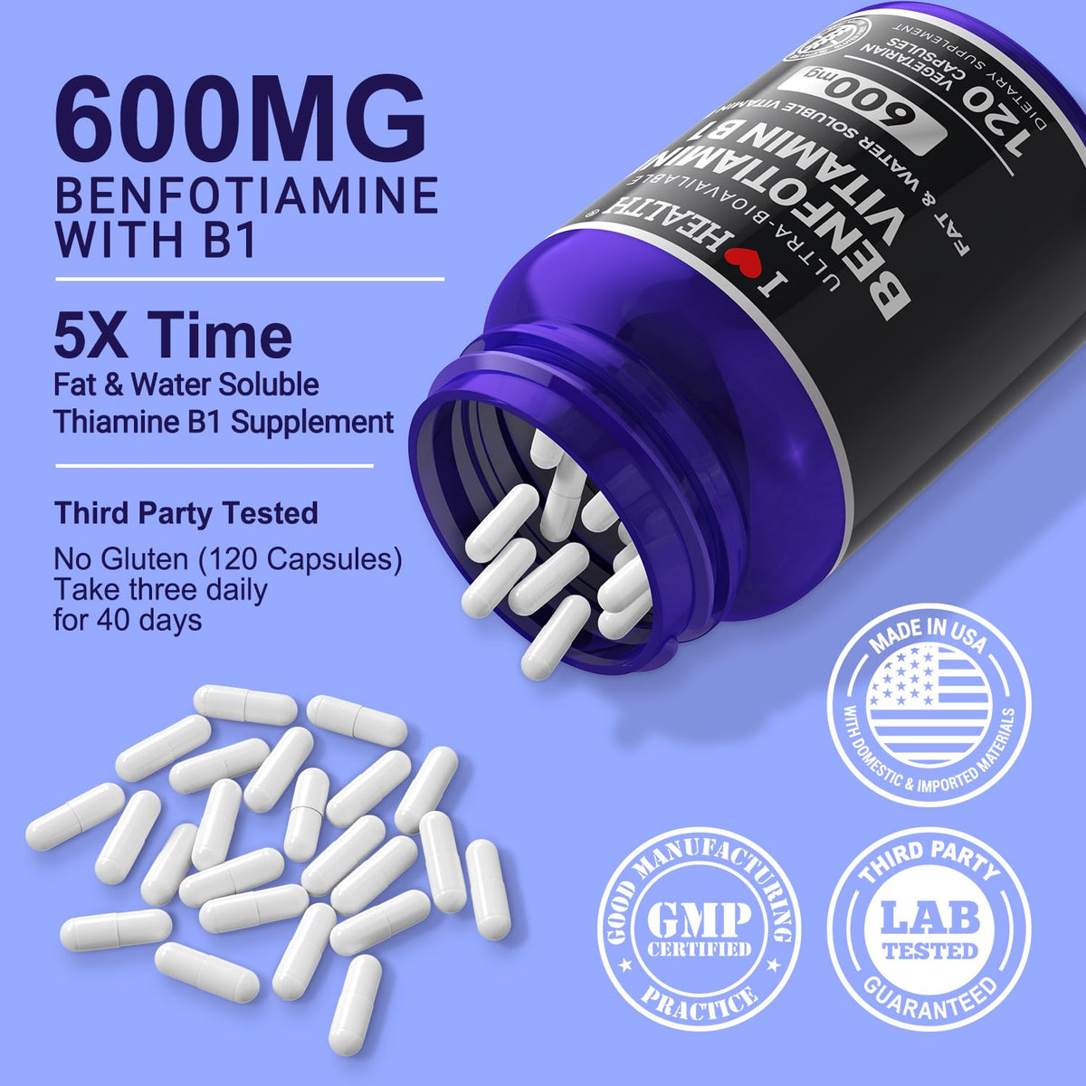 Benfotiamine 600mg I LOVE HEALTH capsules with dosage information