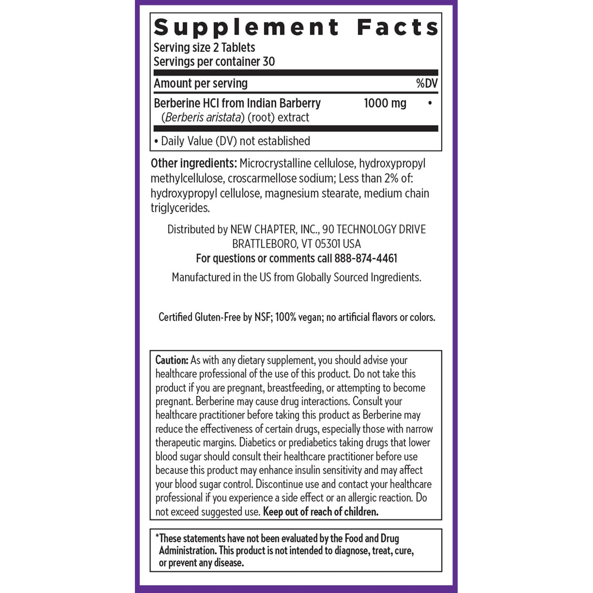 Berbérine 1000 mg New Chapter, image de l'étiquette sur la boîte