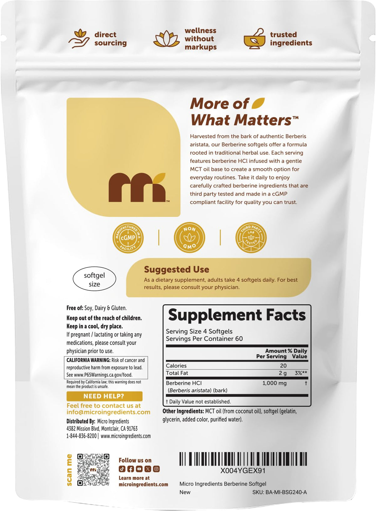 Berberine 1000mg Micro Ingredients gélules molles sur fond blanc