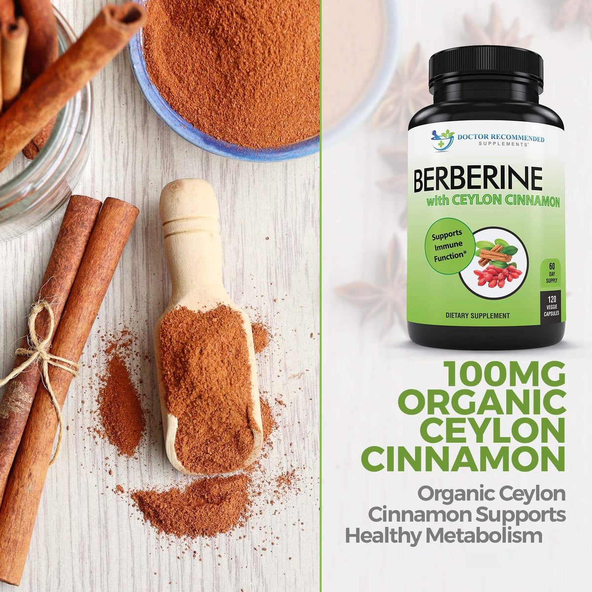 Berberine avec Cannelle de Ceylan sur une surface en bois