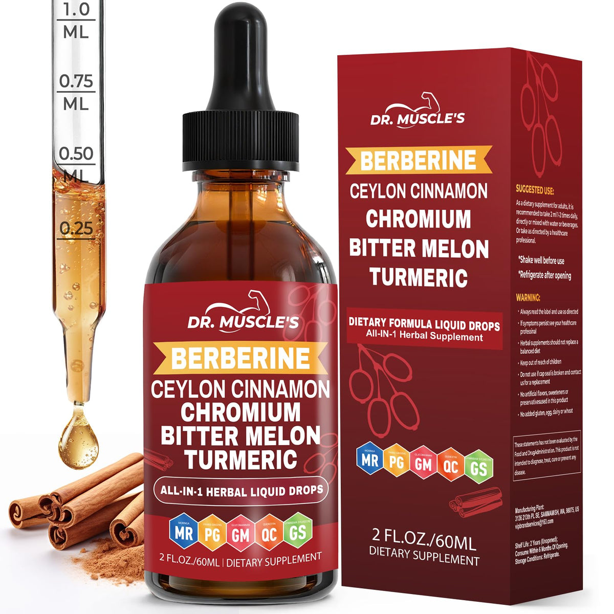 Berberine DR. MUSCLE'S avec Cannelle de Ceylan en bouteille de 2 FL OZ