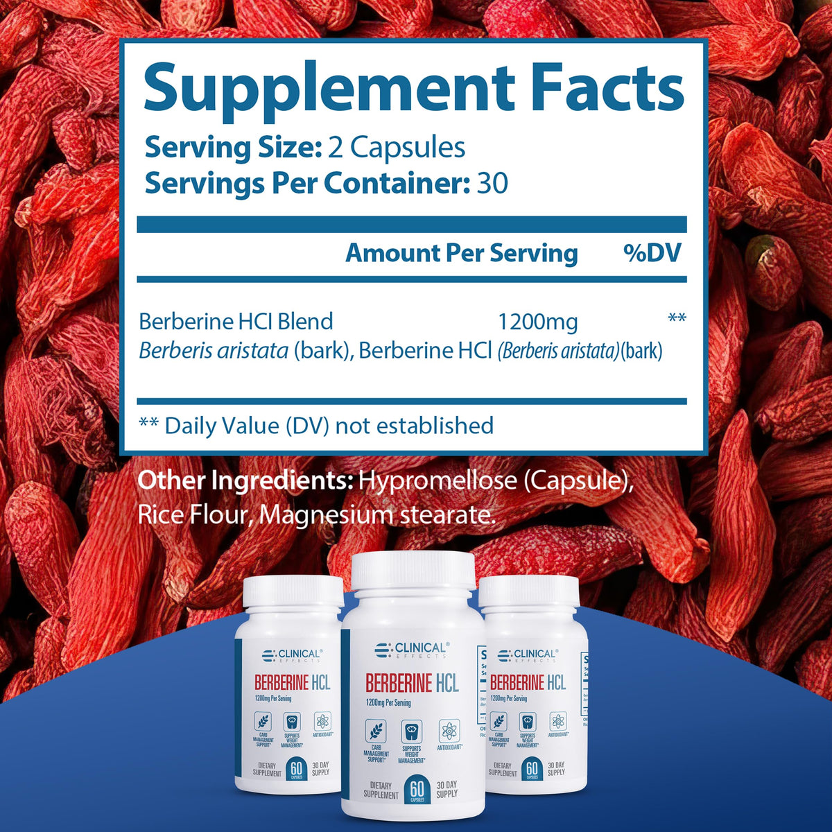 Berbérine HCL 1200mg Clinical Effects capsules sur une table