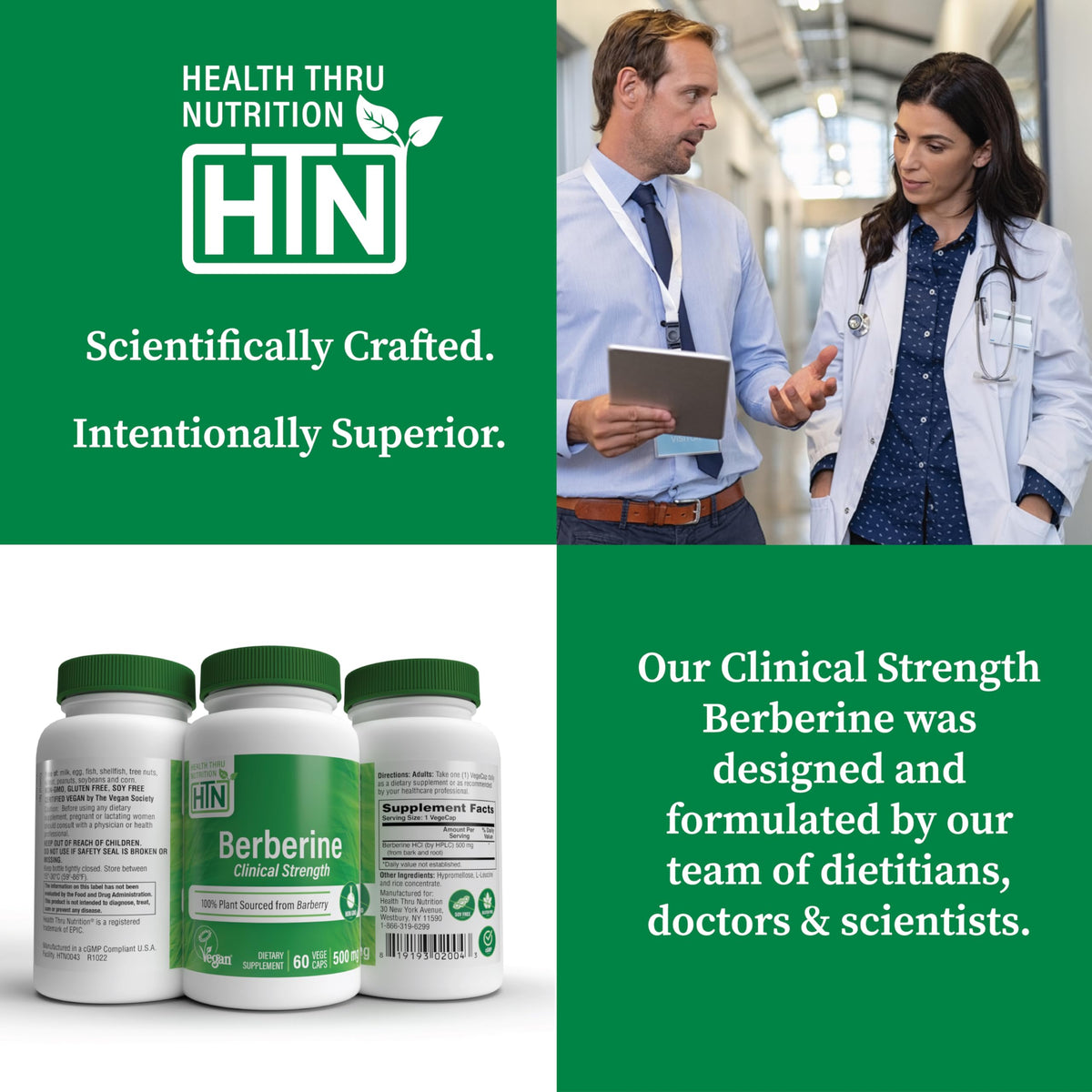 Berberine HCl 500mg Health Thru Nutrition sur une table en bois