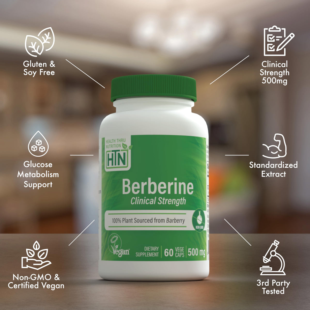 Berberine HCl 500mg Health Thru Nutrition vue arrière de l'emballage