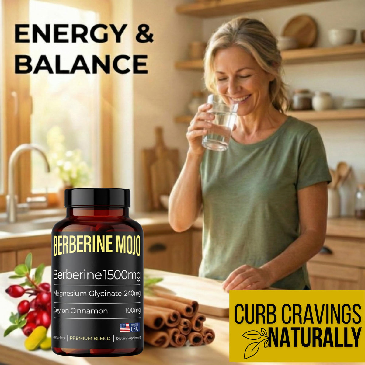 Berberine Mojo complément alimentaire sur une table en bois