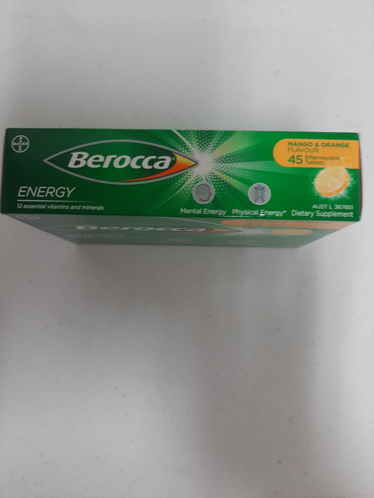 Berocca Effervescent 45 Comprimés Saveur Mangue & Orange vue de côté