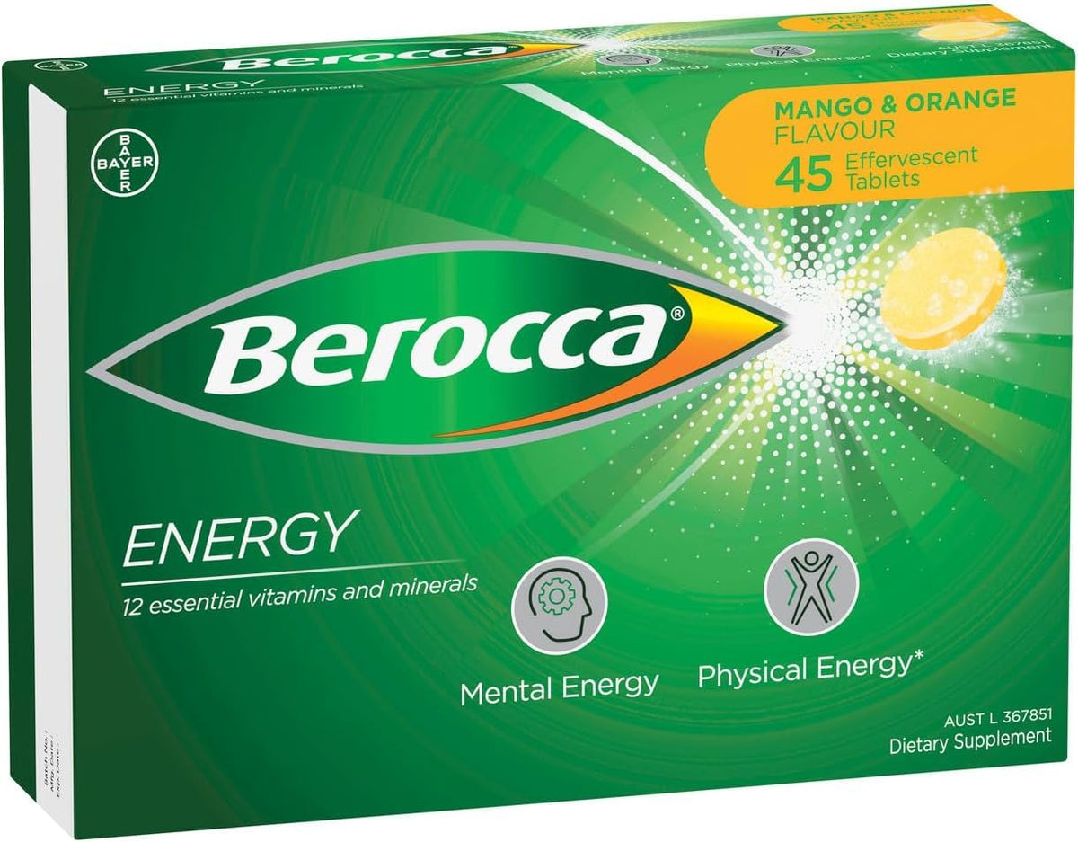Berocca Effervescent 45 Comprimés Saveur Mangue & Orange vue de face