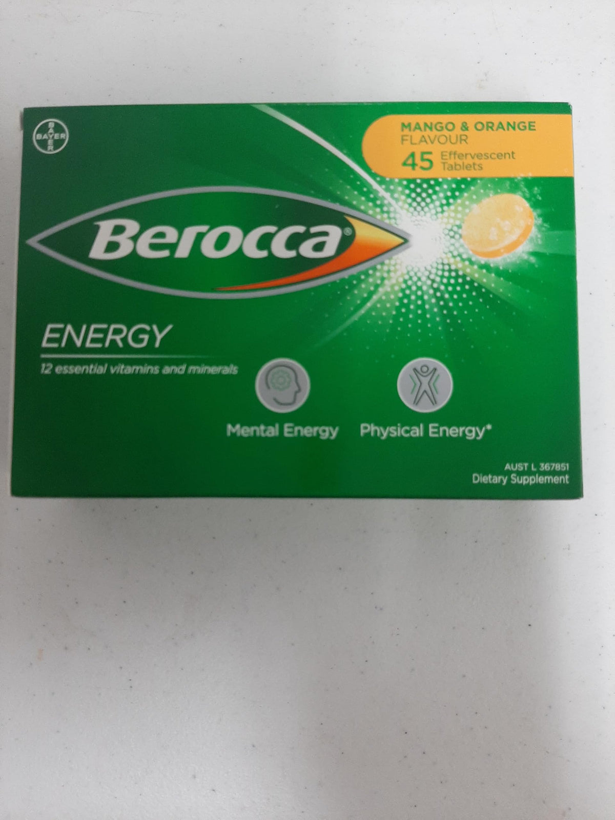 Berocca Effervescent emballage et comprimés sur fond blanc