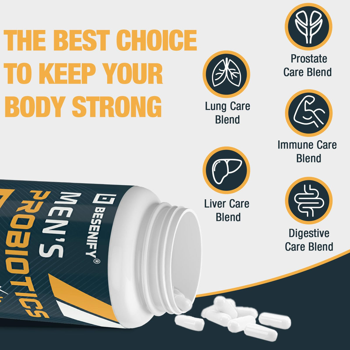 Besenify Probiotiques pour Hommes capsules en gros plan