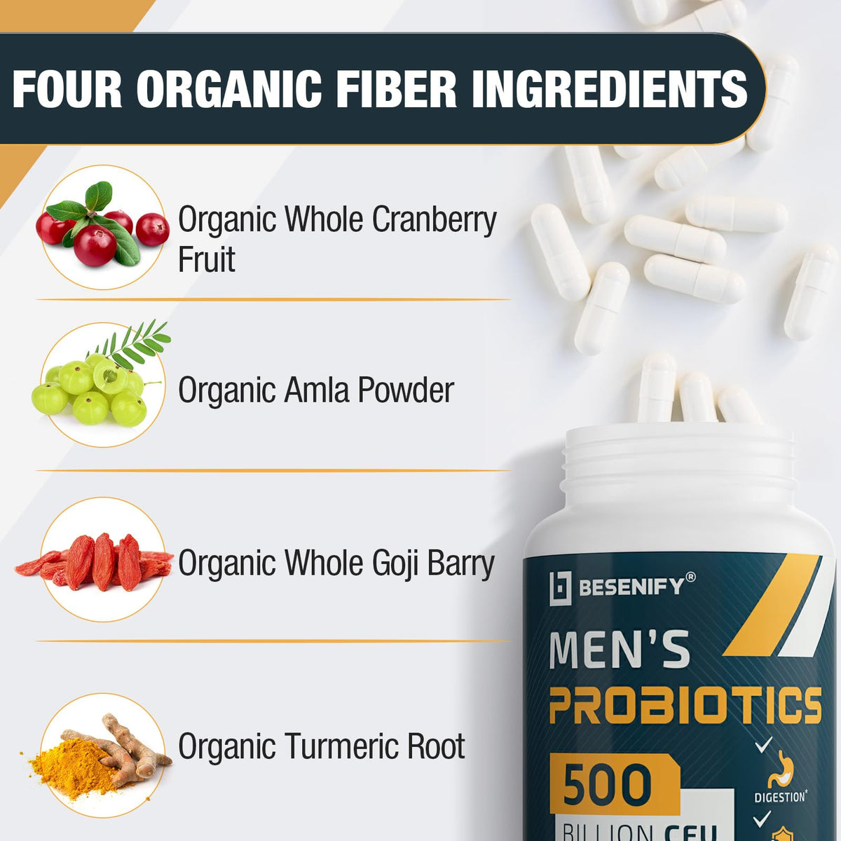 Besenify Probiotiques pour Hommes flacon ouvert avec capsules