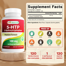 Best Naturals 5-HTP 100 mg 120 Capsules étiquette