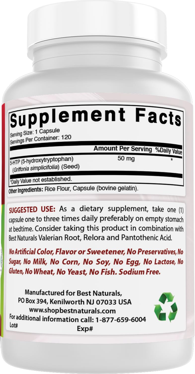 Best Naturals 5-HTP 50 mg 120 capsules avec des ingrédients