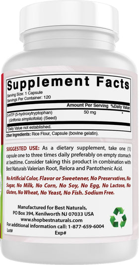 Best Naturals 5-HTP 50 mg 120 capsules avec des ingrédients