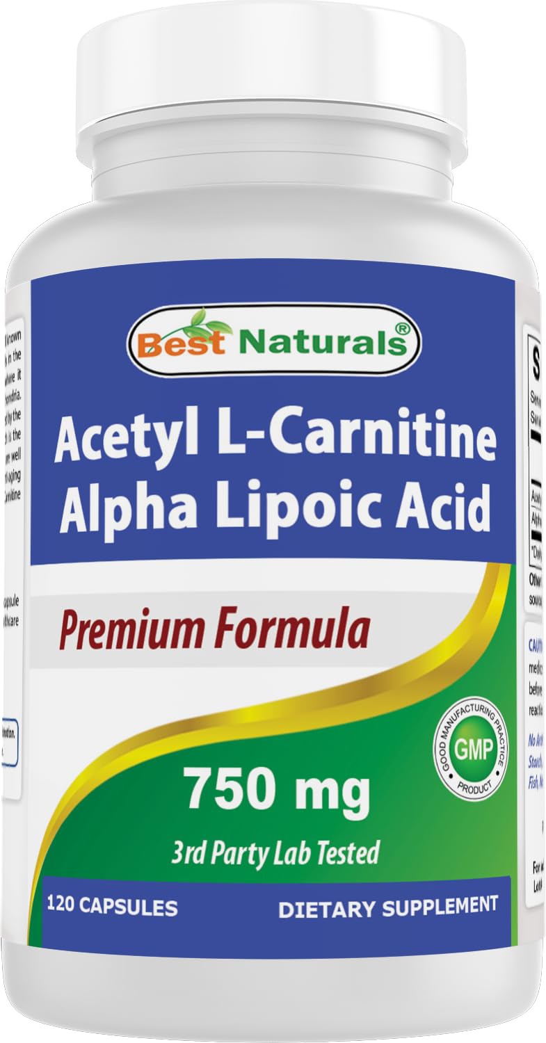 Best Naturals Acetyl L-Carnitine Acide Alpha-Lipoïque 750 mg 120 Capsules, vue de face