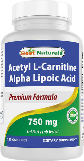 Best Naturals Acetyl L-Carnitine Acide Alpha-Lipoïque 750 mg 120 Capsules, vue de face