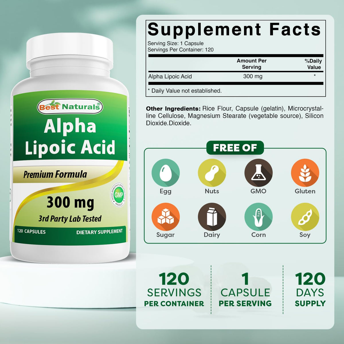 Best Naturals Acide Alpha Lipoïque 120 capsules avec étiquette