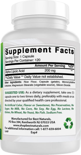 Best Naturals Acide Alpha-Lipoïque 200 mg - complément alimentaire sur une table