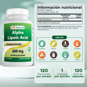 Best Naturals Acide Alpha Lipoïque 600 mg étiquette arrière