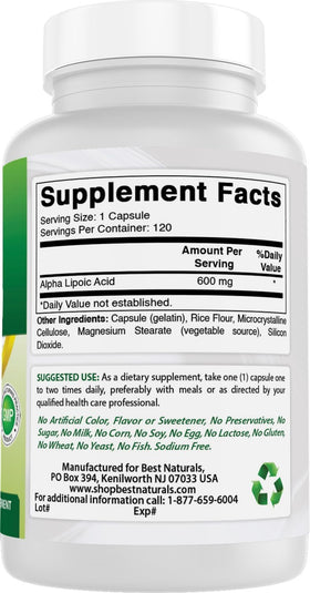 Best Naturals Acide Alpha Lipoïque 600 mg sur une table en bois
